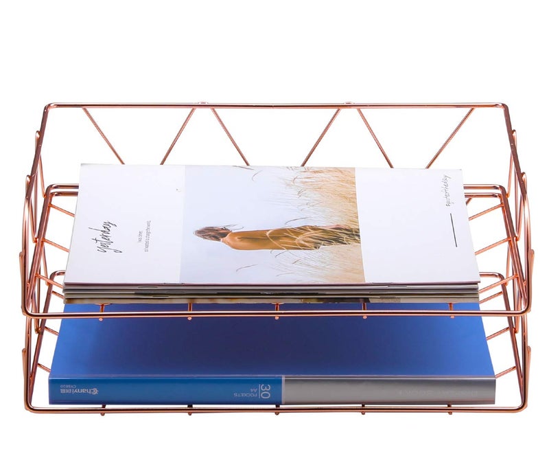 PAG 2 Packs Desktop File Organizer Metal Stackable Horizontal Letter Tray Paper Holder Rack, Rose Gold - Image 3